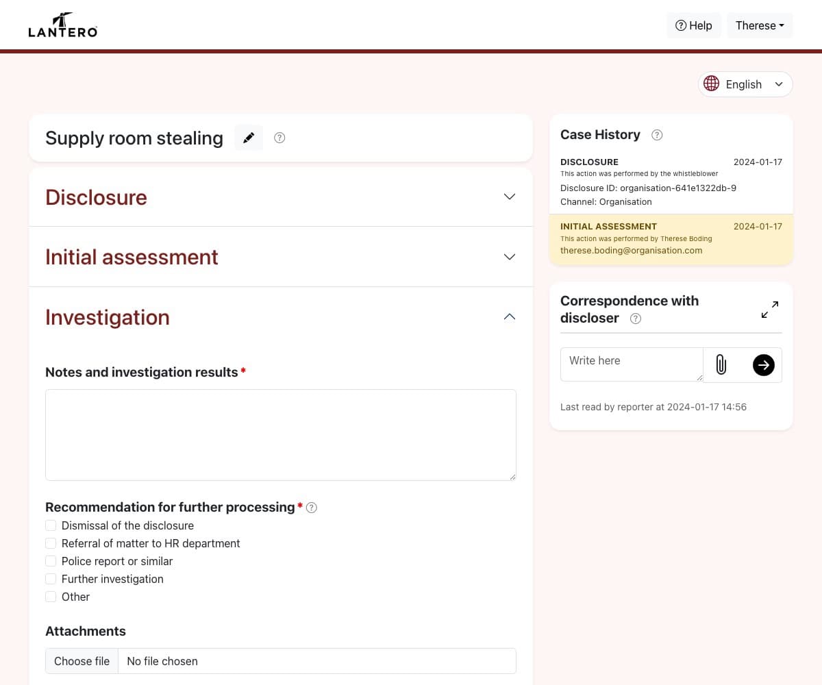 Screenshot of Whistleblower service